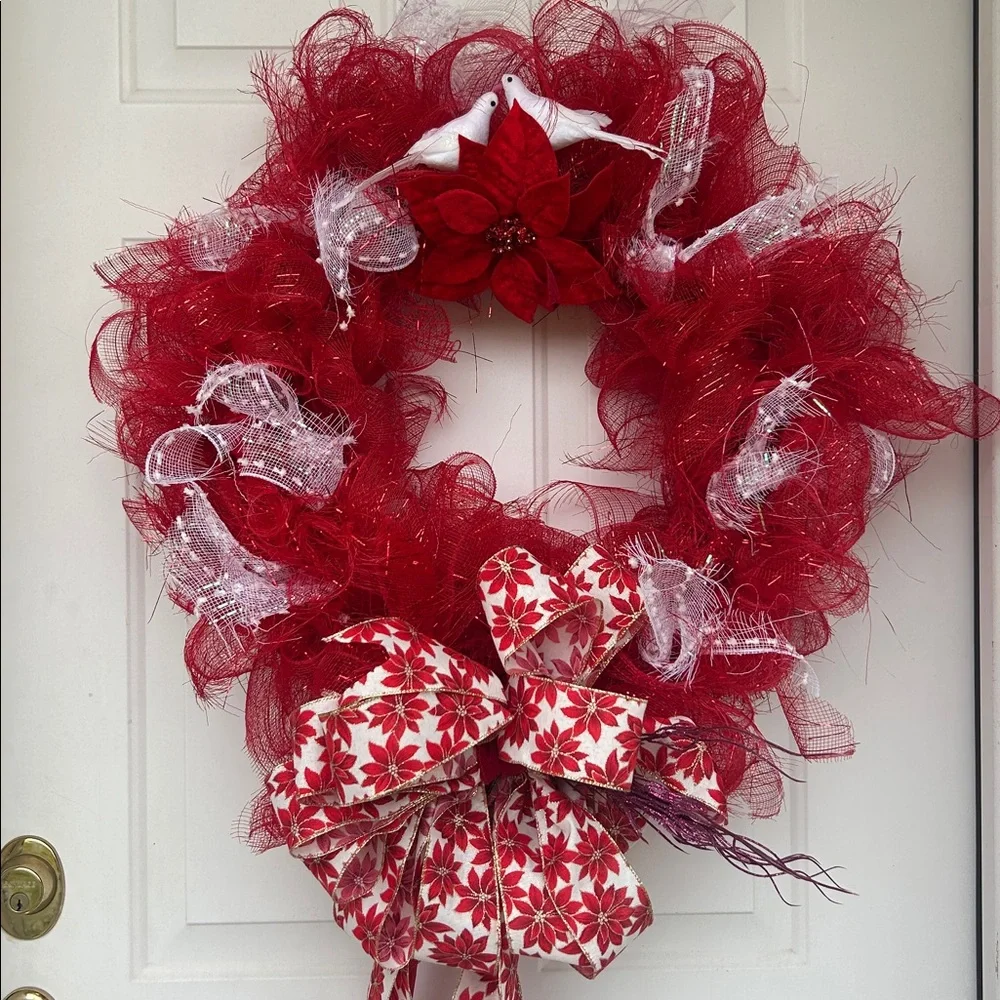 Elegant Red and White Holiday Wreath with Poinsettia